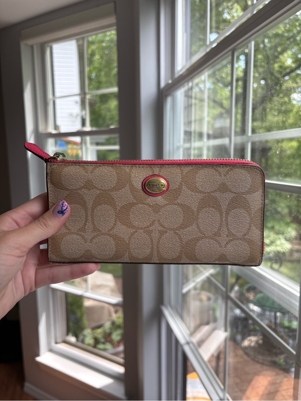 Coach Peyton Signature C Khaki Zip Wallet with Pink/Salmon Trim